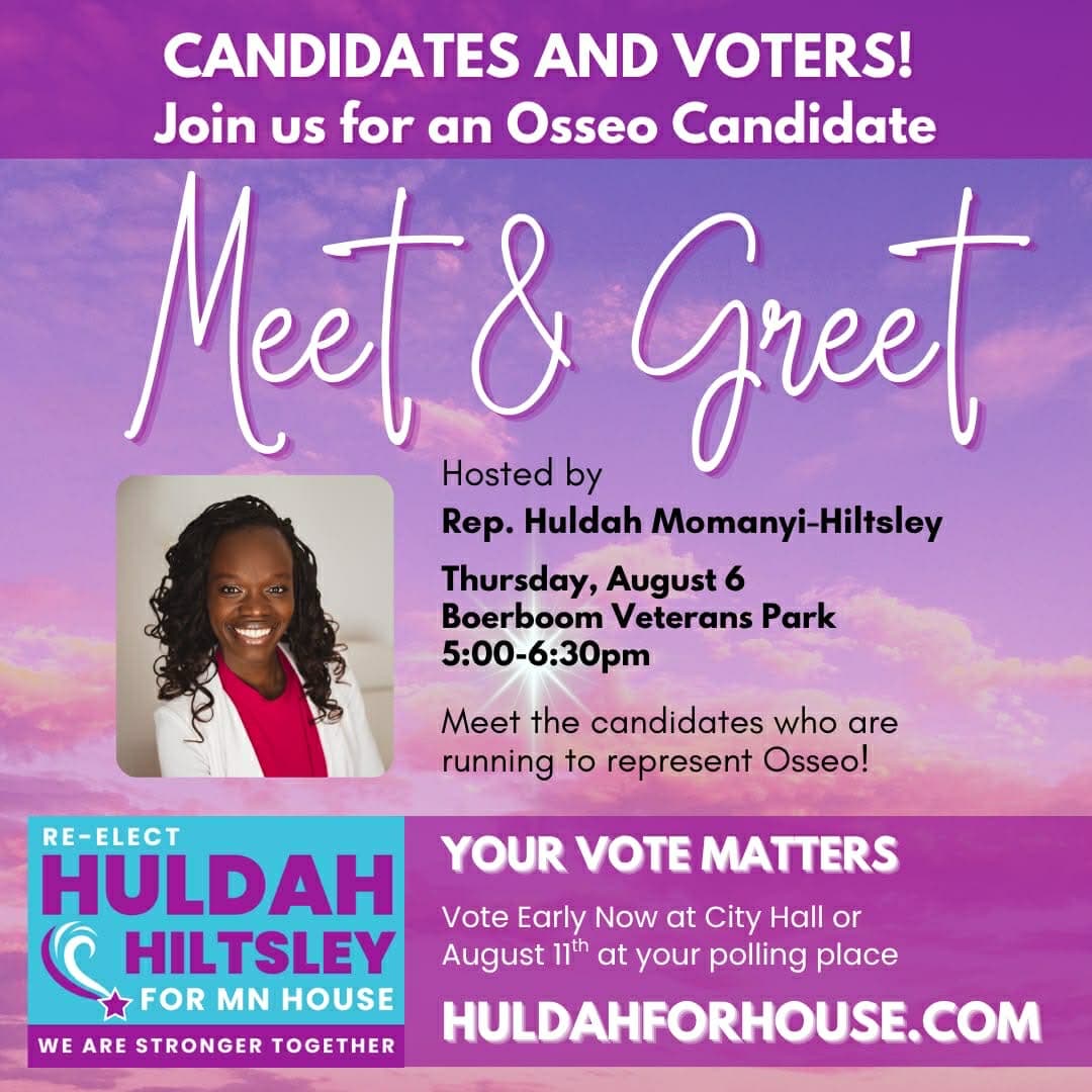 Flyer for the Osseo Candidate Meet & Greet on Thursday, August 6, from 5:00 to 6:30 p.m. at Boerboom Veterans Park, hosted by Rep. Huldah Momanyi-Hiltsley.