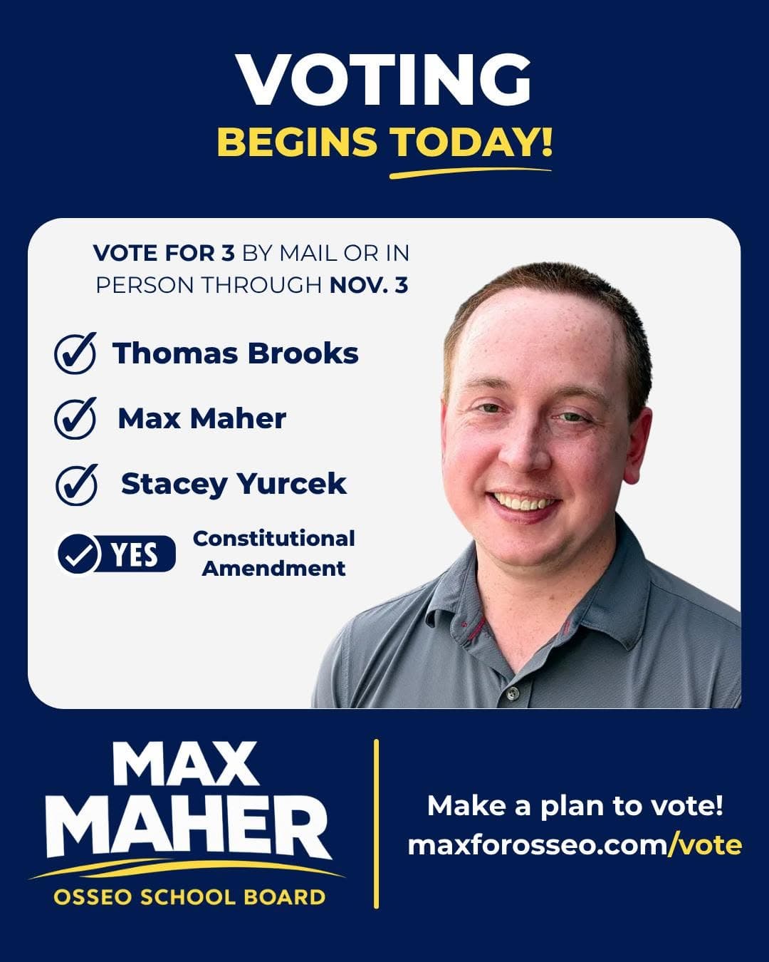 Campaign graphic announcing the start of voting, listing candidate names, and directing readers to the voting information hub.